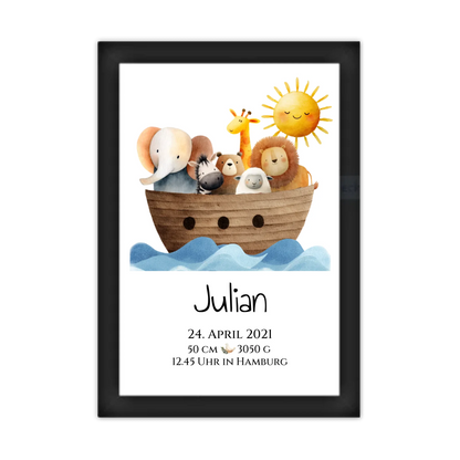 Personalisiertes Poster zur Geburt & Taufe mit Arche Noah Geburtdaten oder Taufdaten - Geschenkidee Gerahmtes Poster schwarz Holzflair Schwarz