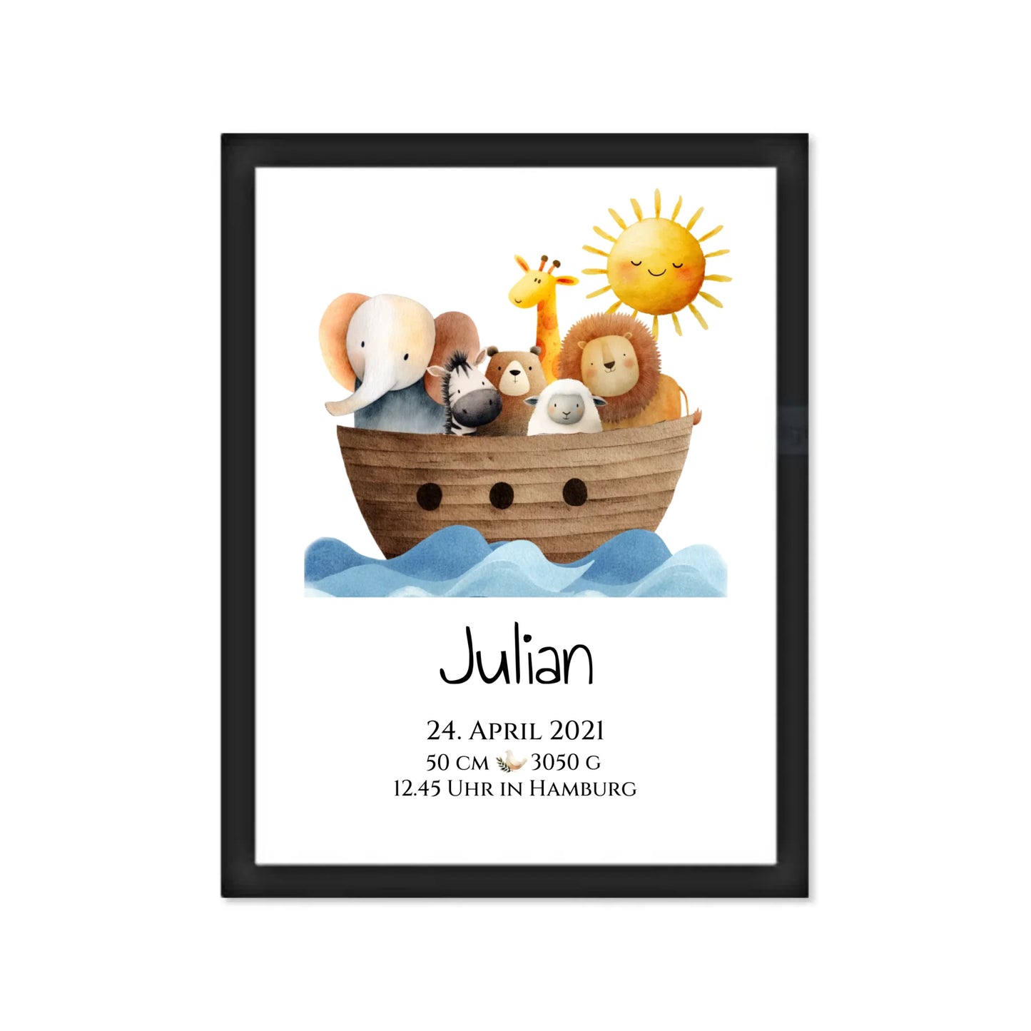 Personalisiertes Poster zur Geburt & Taufe mit Arche Noah Geburtdaten oder Taufdaten - Geschenkidee Gerahmtes Poster schwarz Holzflair Schwarz