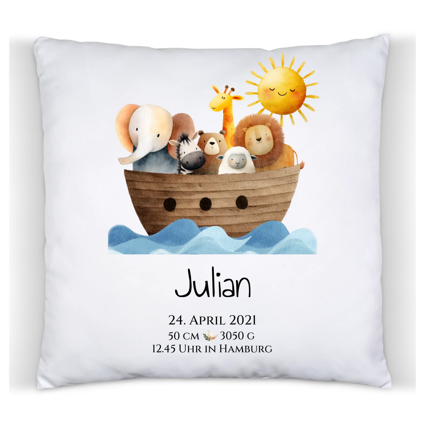 Personalisiertes Poster zur Geburt & Taufe mit Arche Noah Geburtdaten oder Taufdaten - Geschenkidee Satinkissen Satinkissen 40x40cm
