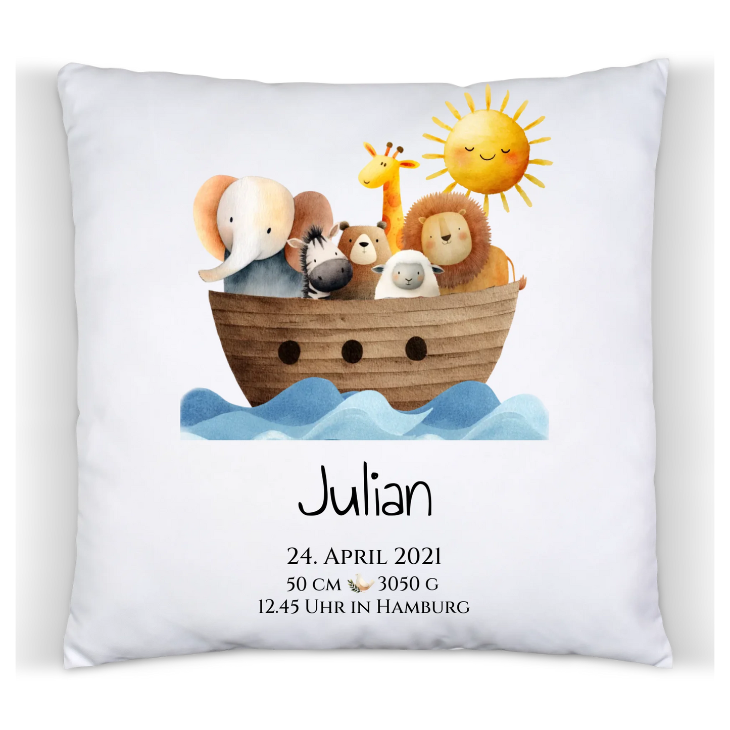 Personalisiertes Poster zur Geburt & Taufe mit Arche Noah Geburtdaten oder Taufdaten - Geschenkidee Kissen Baumwolle Baumwollkissen