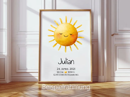 Personalisiertes Poster zur Geburt & Taufe mit Sonne Geburtdaten oder Taufdaten - Geschenkidee
