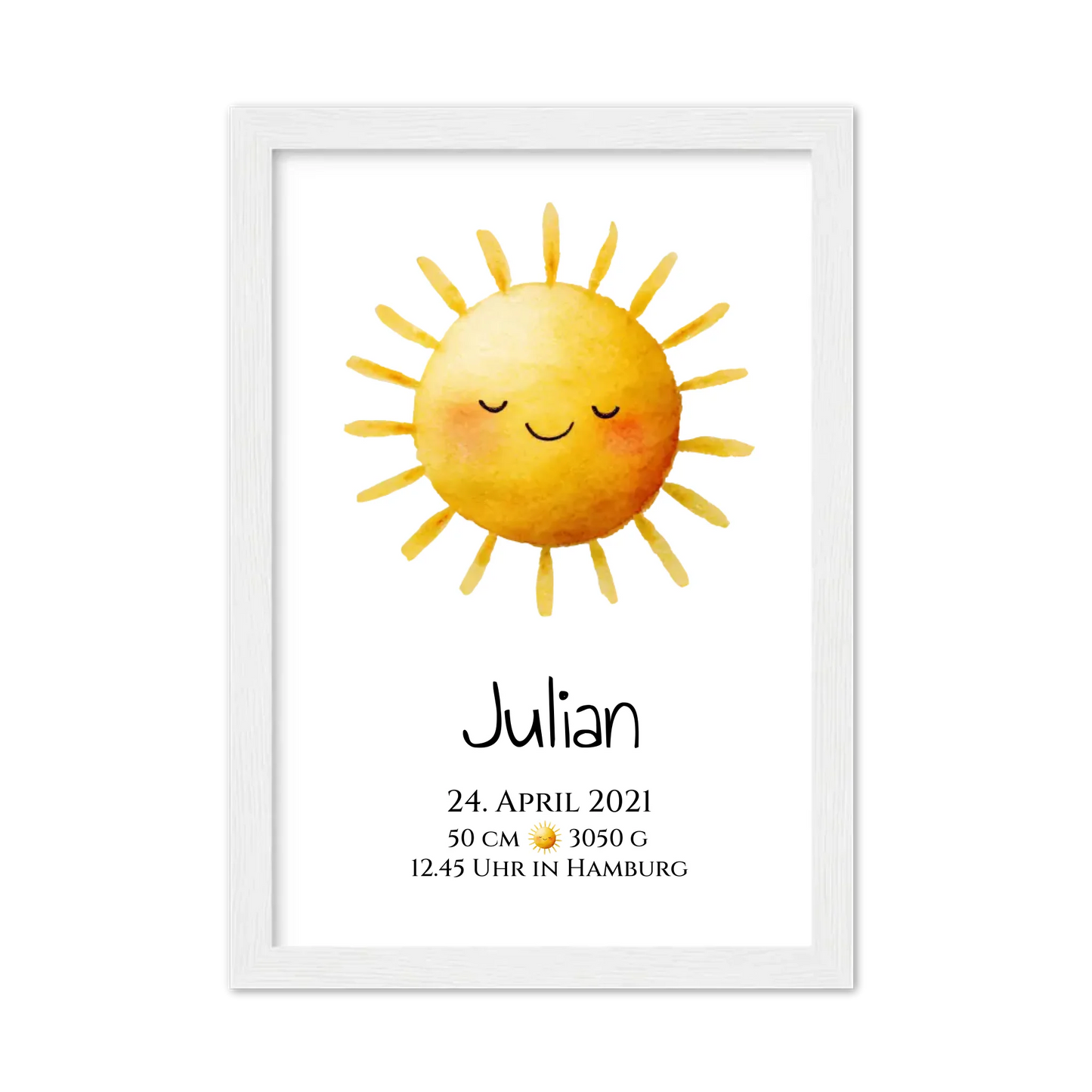Personalisiertes Poster zur Geburt & Taufe mit Sonne Geburtdaten oder Taufdaten - Geschenkidee Gerahmtes Poster weiß Holzflair Weiß