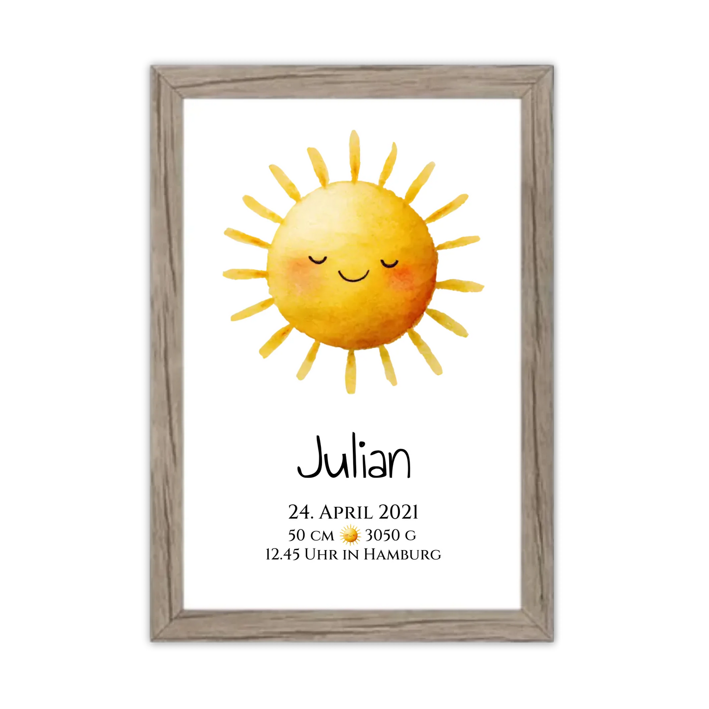 Personalisiertes Poster zur Geburt & Taufe mit Sonne Geburtdaten oder Taufdaten - Geschenkidee Gerahmtes Poster Eichenflair Eichenflair