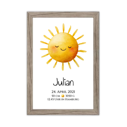 Personalisiertes Poster zur Geburt & Taufe mit Sonne Geburtdaten oder Taufdaten - Geschenkidee Gerahmtes Poster Eichenflair Eichenflair