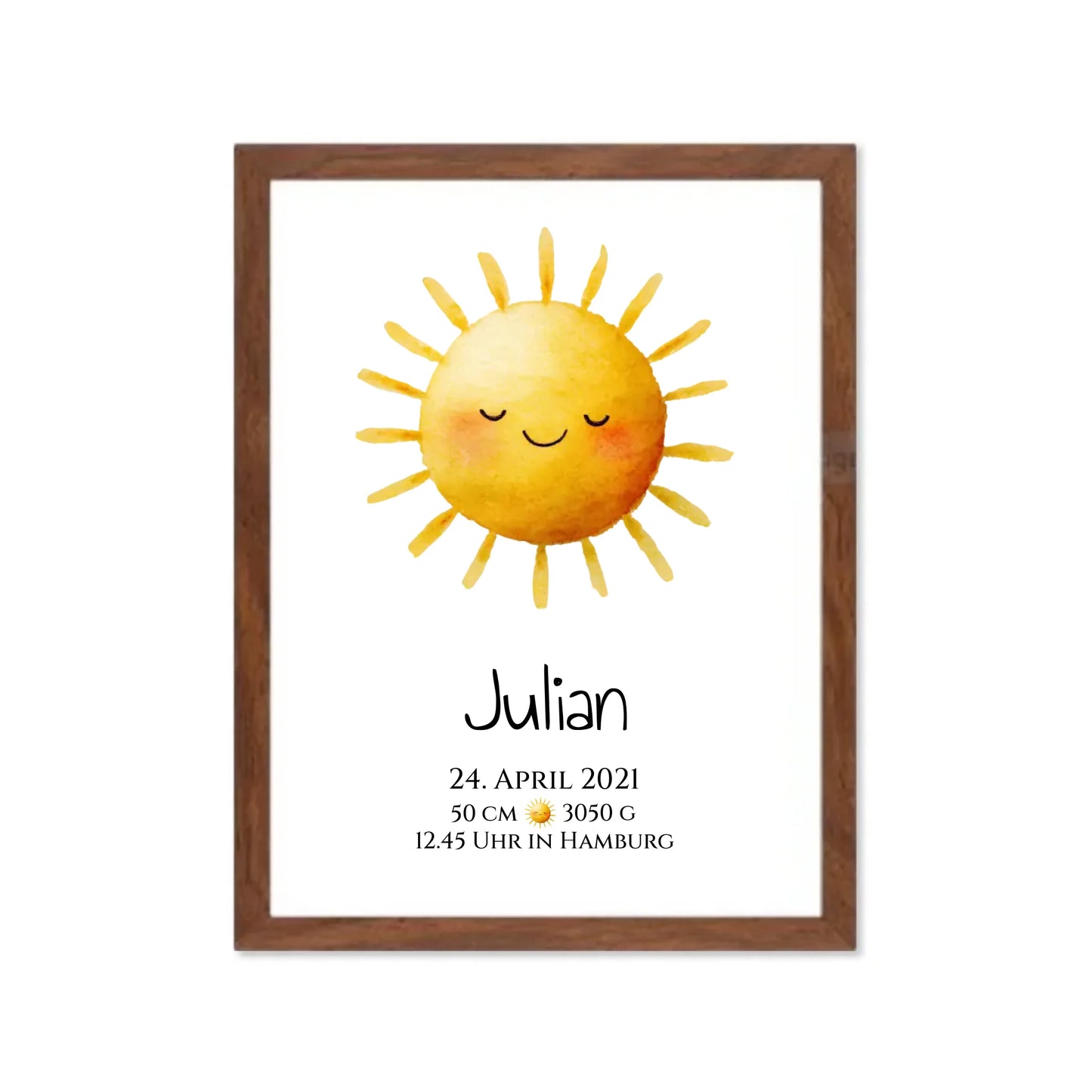 Personalisiertes Poster zur Geburt & Taufe mit Sonne Geburtdaten oder Taufdaten - Geschenkidee Gerahmtes Poster Walnussflair Walnussflair