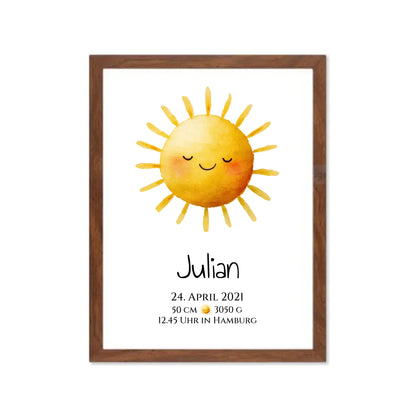 Personalisiertes Poster zur Geburt & Taufe mit Sonne Geburtdaten oder Taufdaten - Geschenkidee Gerahmtes Poster Walnussflair Walnussflair
