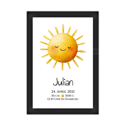 Personalisiertes Poster zur Geburt & Taufe mit Sonne Geburtdaten oder Taufdaten - Geschenkidee Gerahmtes Poster schwarz Holzflair Schwarz