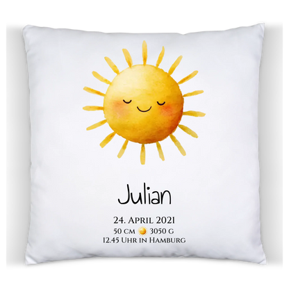 Personalisiertes Poster zur Geburt & Taufe mit Sonne Geburtdaten oder Taufdaten - Geschenkidee Kissen Baumwolle Baumwollkissen