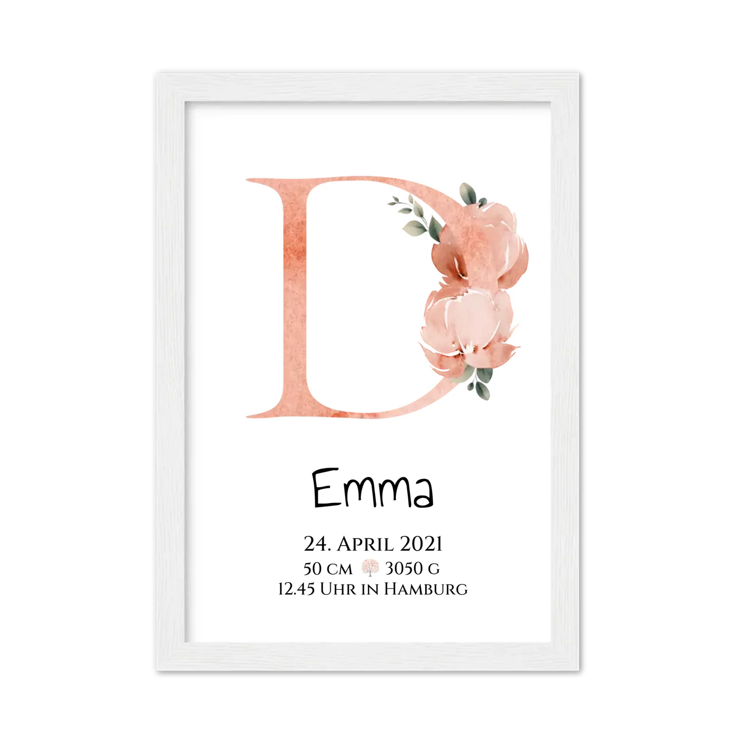 Personalisiertes Poster zur Geburt & Taufe mit Monogramm Buchstabe, Geburtdaten oder Taufdaten - Geschenkidee Gerahmtes Poster weiß Holzflair Weiß