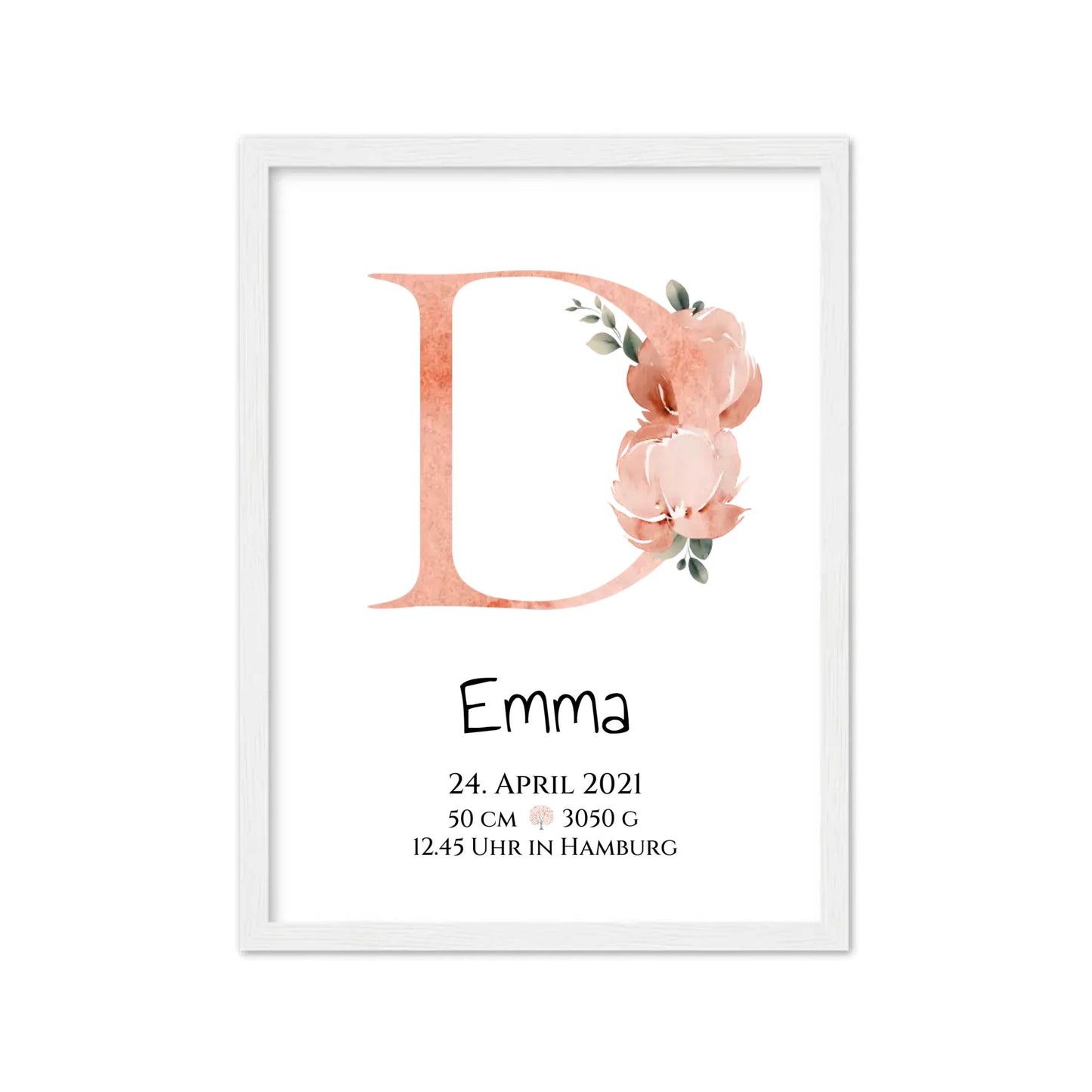 Personalisiertes Poster zur Geburt & Taufe mit Monogramm Buchstabe, Geburtdaten oder Taufdaten - Geschenkidee Gerahmtes Poster weiß Holzflair Weiß