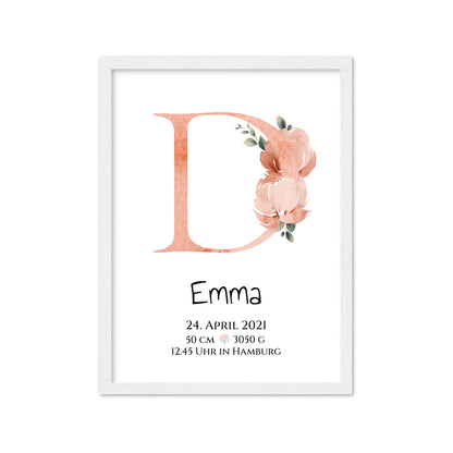 Personalisiertes Poster zur Geburt & Taufe mit Monogramm Buchstabe, Geburtdaten oder Taufdaten - Geschenkidee Gerahmtes Poster weiß Holzflair Weiß