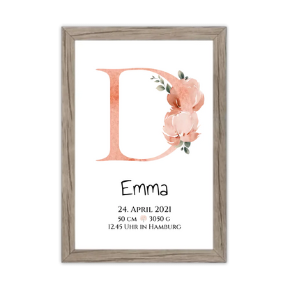 Personalisiertes Poster zur Geburt & Taufe mit Monogramm Buchstabe, Geburtdaten oder Taufdaten - Geschenkidee Gerahmtes Poster Eichenflair Eichenflair