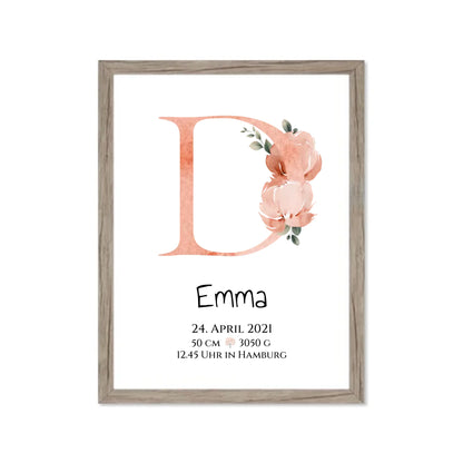 Personalisiertes Poster zur Geburt & Taufe mit Monogramm Buchstabe, Geburtdaten oder Taufdaten - Geschenkidee Gerahmtes Poster Eichenflair Eichenflair
