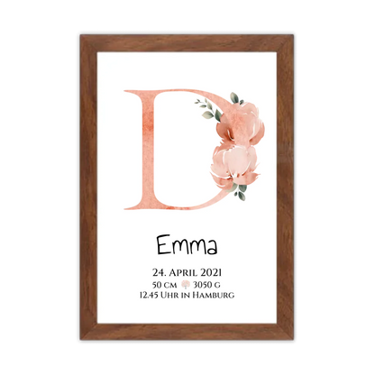 Personalisiertes Poster zur Geburt & Taufe mit Monogramm Buchstabe, Geburtdaten oder Taufdaten - Geschenkidee Gerahmtes Poster Walnussflair Walnussflair
