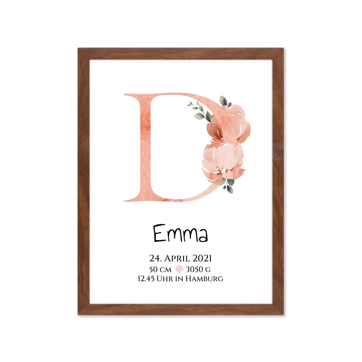 Personalisiertes Poster zur Geburt & Taufe mit Monogramm Buchstabe, Geburtdaten oder Taufdaten - Geschenkidee Gerahmtes Poster Walnussflair Walnussflair