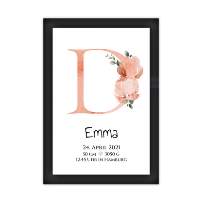 Personalisiertes Poster zur Geburt & Taufe mit Monogramm Buchstabe, Geburtdaten oder Taufdaten - Geschenkidee Gerahmtes Poster schwarz Holzflair Schwarz