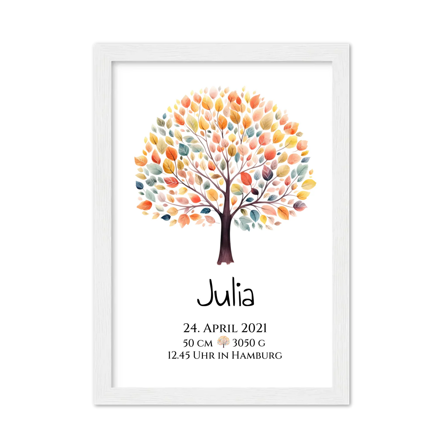 Personalisiertes Poster zur Geburt & Taufe mit Lebensbaum Geburtdaten oder Taufdaten - Geschenkidee Gerahmtes Poster weiß Holzflair Weiß