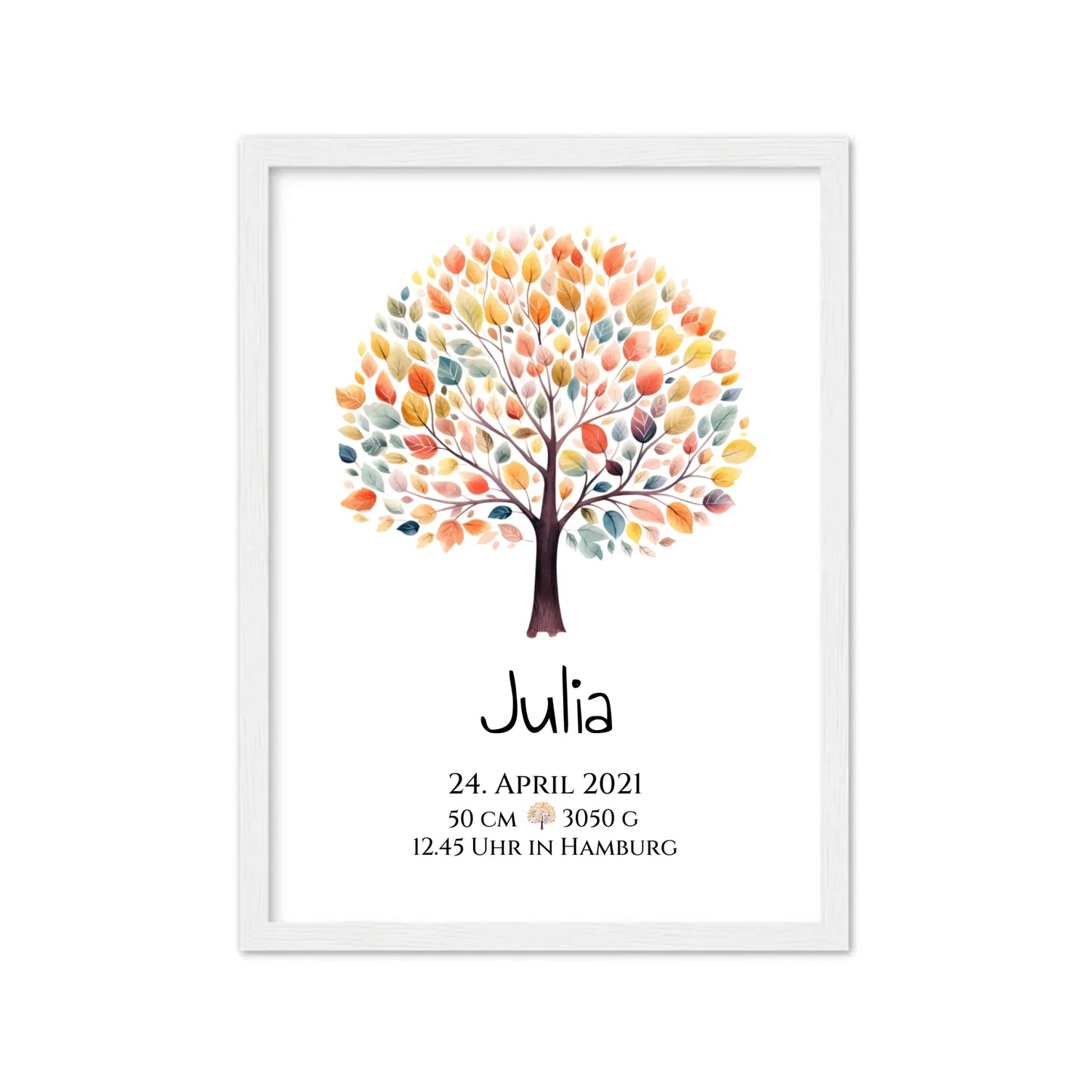 Personalisiertes Poster zur Geburt & Taufe mit Lebensbaum Geburtdaten oder Taufdaten - Geschenkidee Gerahmtes Poster weiß Holzflair Weiß