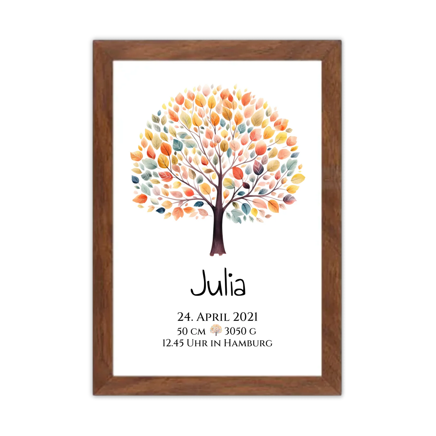 Personalisiertes Poster zur Geburt & Taufe mit Lebensbaum Geburtdaten oder Taufdaten - Geschenkidee Gerahmtes Poster Walnussflair Walnussflair