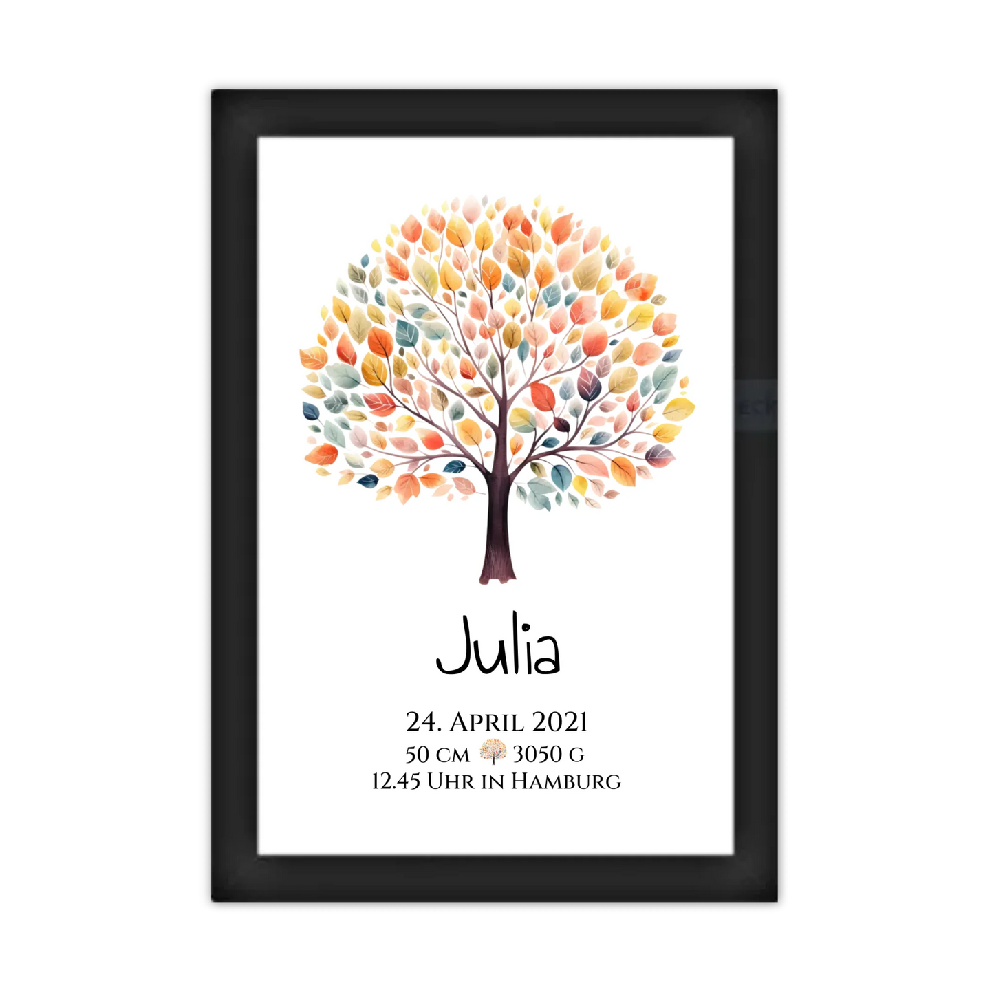 Personalisiertes Poster zur Geburt & Taufe mit Lebensbaum Geburtdaten oder Taufdaten - Geschenkidee Gerahmtes Poster schwarz Holzflair Schwarz