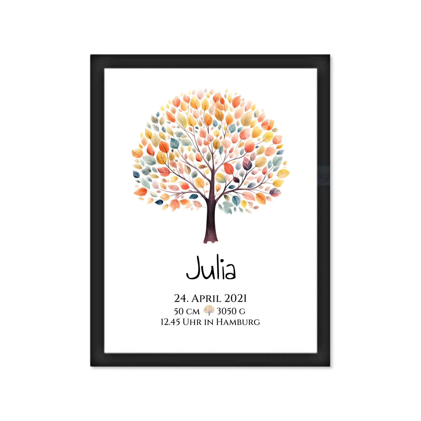 Personalisiertes Poster zur Geburt & Taufe mit Lebensbaum Geburtdaten oder Taufdaten - Geschenkidee Gerahmtes Poster schwarz Holzflair Schwarz
