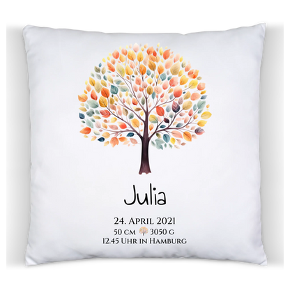 Personalisiertes Poster zur Geburt & Taufe mit Lebensbaum Geburtdaten oder Taufdaten - Geschenkidee Kissen Baumwolle Baumwollkissen