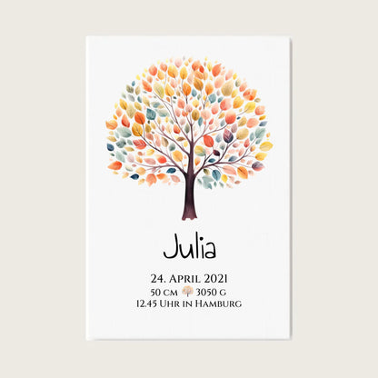 Personalisiertes Poster zur Geburt & Taufe mit Lebensbaum Geburtdaten oder Taufdaten - Geschenkidee Leinwanddruck Leinwandbild
