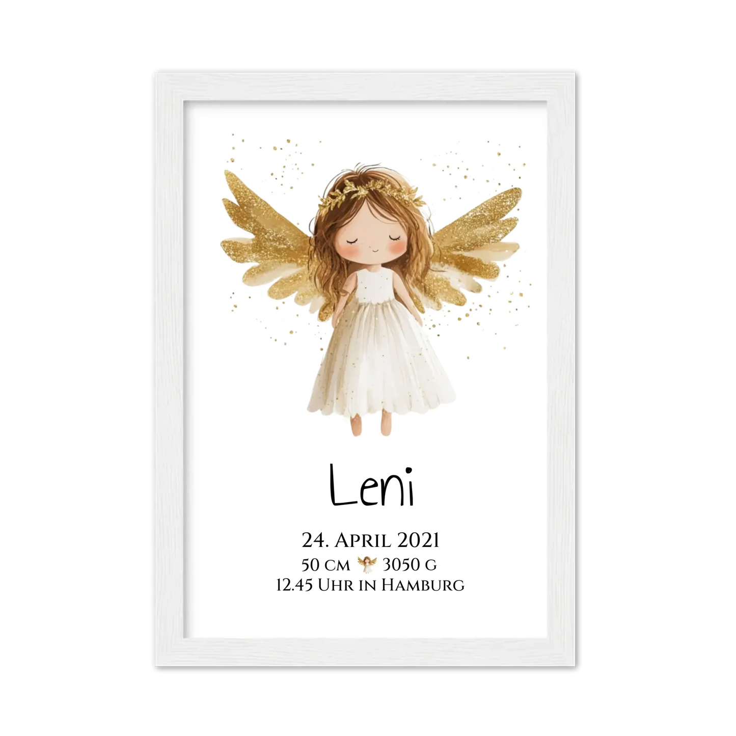 Personalisiertes Babygeschenk zur Geburt & Taufe mit Schutzengel, Geburtdaten oder Taufdaten - Geschenkidee Gerahmtes Poster weiß Holzflair Weiß