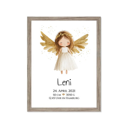 Personalisiertes Babygeschenk zur Geburt & Taufe mit Schutzengel, Geburtdaten oder Taufdaten - Geschenkidee Gerahmtes Poster Eichenflair Eichenflair