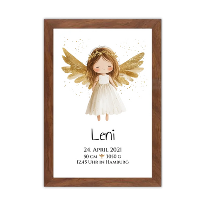 Personalisiertes Babygeschenk zur Geburt & Taufe mit Schutzengel, Geburtdaten oder Taufdaten - Geschenkidee Gerahmtes Poster Walnussflair Walnussflair