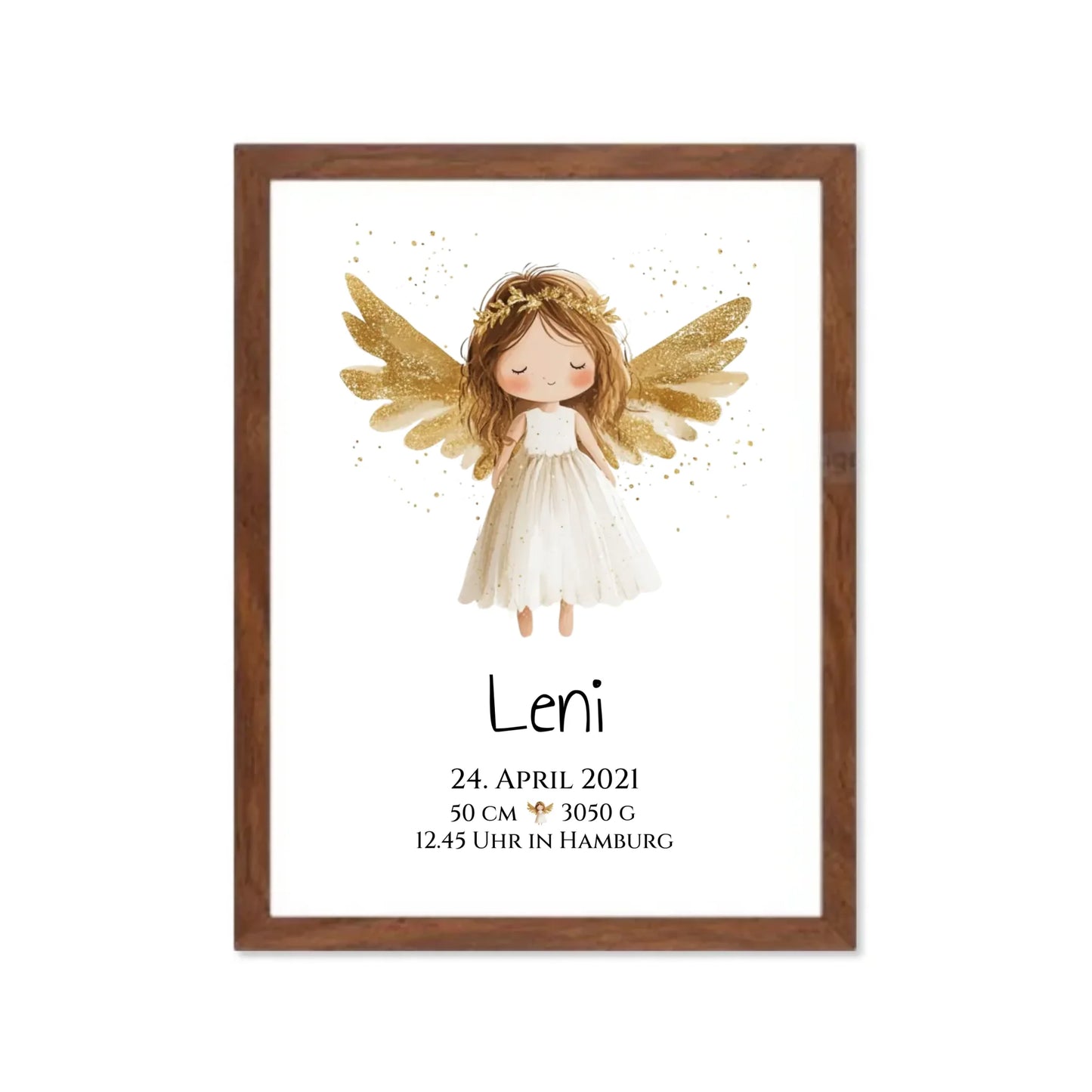 Personalisiertes Babygeschenk zur Geburt & Taufe mit Schutzengel, Geburtdaten oder Taufdaten - Geschenkidee Gerahmtes Poster Walnussflair Walnussflair