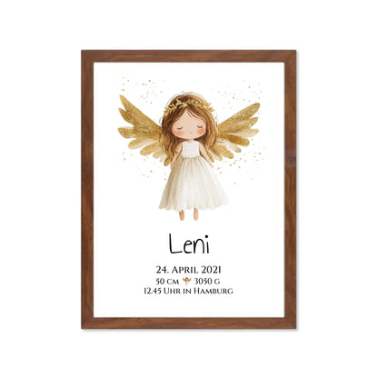 Personalisiertes Babygeschenk zur Geburt & Taufe mit Schutzengel, Geburtdaten oder Taufdaten - Geschenkidee Gerahmtes Poster Walnussflair Walnussflair
