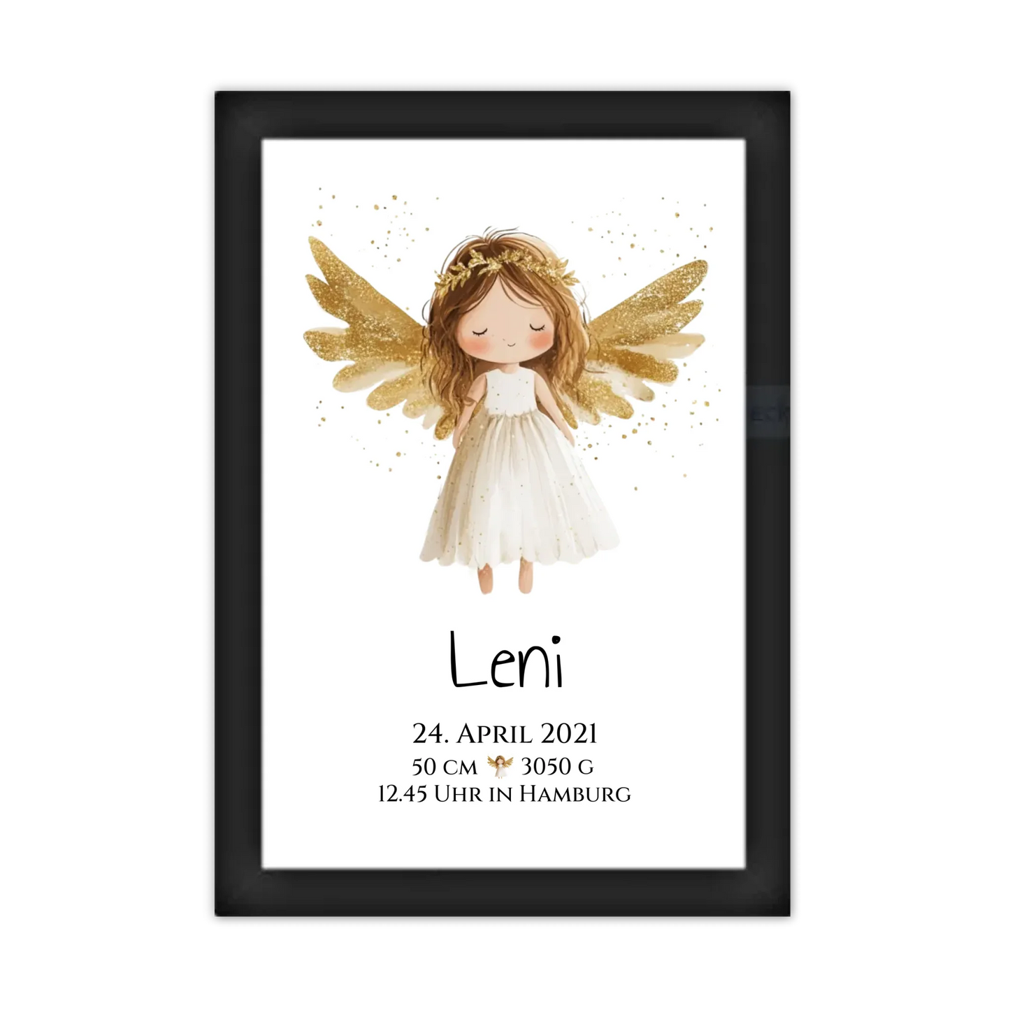 Personalisiertes Babygeschenk zur Geburt & Taufe mit Schutzengel, Geburtdaten oder Taufdaten - Geschenkidee Gerahmtes Poster schwarz Holzflair Schwarz