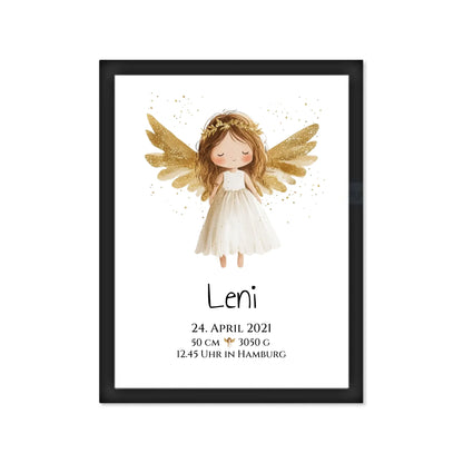 Personalisiertes Babygeschenk zur Geburt & Taufe mit Schutzengel, Geburtdaten oder Taufdaten - Geschenkidee Gerahmtes Poster schwarz Holzflair Schwarz