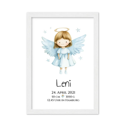 Personalisiertes Babygeschenk zur Geburt & Taufe mit Schutzengel, Geburtdaten oder Taufdaten - Geschenkidee Taufgeschenk Gerahmtes Poster weiß Holzflair Weiß