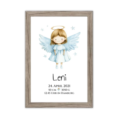Personalisiertes Babygeschenk zur Geburt & Taufe mit Schutzengel, Geburtdaten oder Taufdaten - Geschenkidee Taufgeschenk Gerahmtes Poster Eichenflair Eichenflair