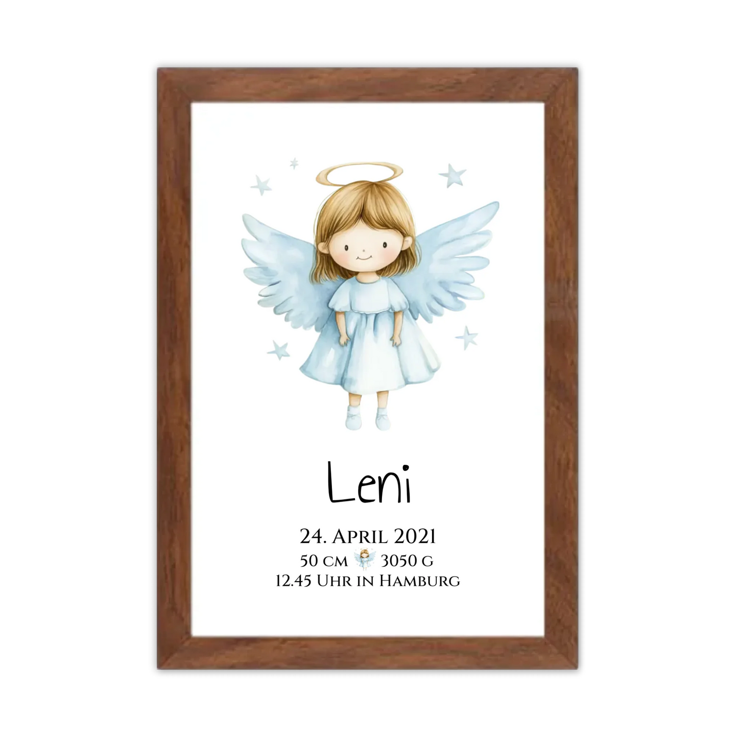 Personalisiertes Babygeschenk zur Geburt & Taufe mit Schutzengel, Geburtdaten oder Taufdaten - Geschenkidee Taufgeschenk Gerahmtes Poster Walnussflair Walnussflair