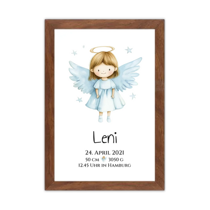 Personalisiertes Babygeschenk zur Geburt & Taufe mit Schutzengel, Geburtdaten oder Taufdaten - Geschenkidee Taufgeschenk Gerahmtes Poster Walnussflair Walnussflair