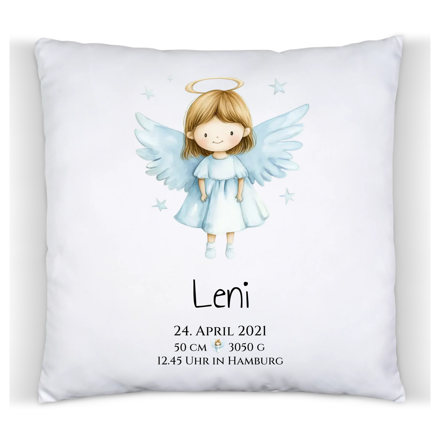 Personalisiertes Babygeschenk zur Geburt & Taufe mit Schutzengel, Geburtdaten oder Taufdaten - Geschenkidee Taufgeschenk Premium Kissen (Plüschoberfläche) Premium Kissen