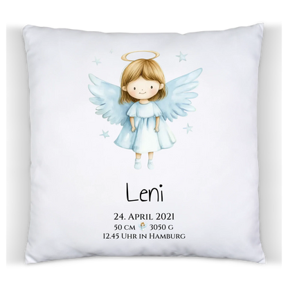 Personalisiertes Babygeschenk zur Geburt & Taufe mit Schutzengel, Geburtdaten oder Taufdaten - Geschenkidee Taufgeschenk Premium Kissen (Plüschoberfläche) Premium Kissen