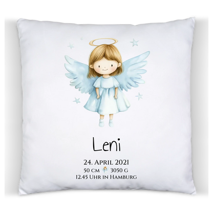 Personalisiertes Babygeschenk zur Geburt & Taufe mit Schutzengel, Geburtdaten oder Taufdaten - Geschenkidee Taufgeschenk Kissen Baumwolle Baumwollkissen