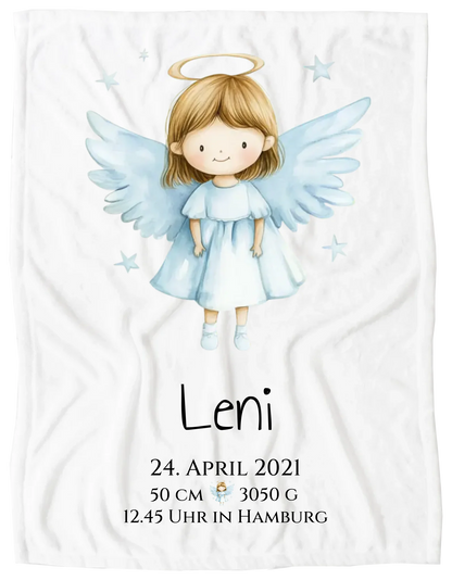 Personalisiertes Babygeschenk zur Geburt & Taufe mit Schutzengel, Geburtdaten oder Taufdaten - Geschenkidee Taufgeschenk Blanket Premium Kuscheldecke 150 x 100 cm 40" x 60"