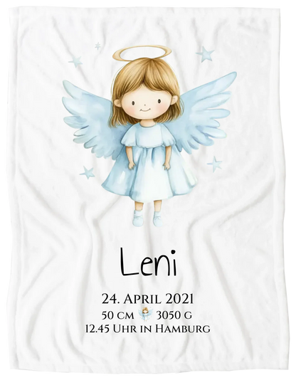 Personalisiertes Babygeschenk zur Geburt & Taufe mit Schutzengel, Geburtdaten oder Taufdaten - Geschenkidee Taufgeschenk Blanket Premium Kuscheldecke 200 x 150 cm 60" x 80"