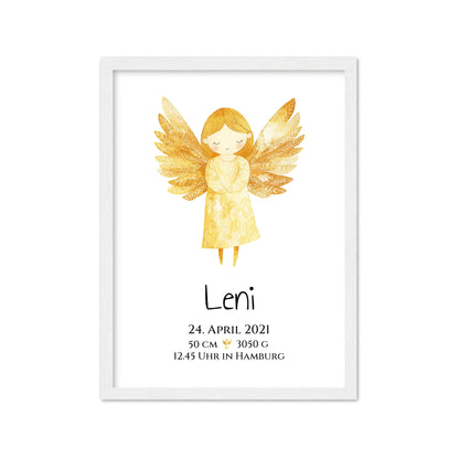 Personalisiertes Babygeschenk zur Geburt & Taufe mit Schutzengel, Geburtdaten oder Taufdaten - Taufgeschenk Geschenkidee Gerahmtes Poster weiß Holzflair Weiß