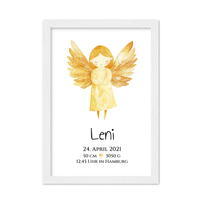Personalisiertes Babygeschenk zur Geburt & Taufe mit Schutzengel, Geburtdaten oder Taufdaten - Taufgeschenk Geschenkidee Gerahmtes Poster weiß Holzflair Weiß