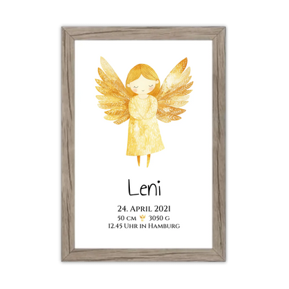 Personalisiertes Babygeschenk zur Geburt & Taufe mit Schutzengel, Geburtdaten oder Taufdaten - Taufgeschenk Geschenkidee Gerahmtes Poster Eichenflair Eichenflair