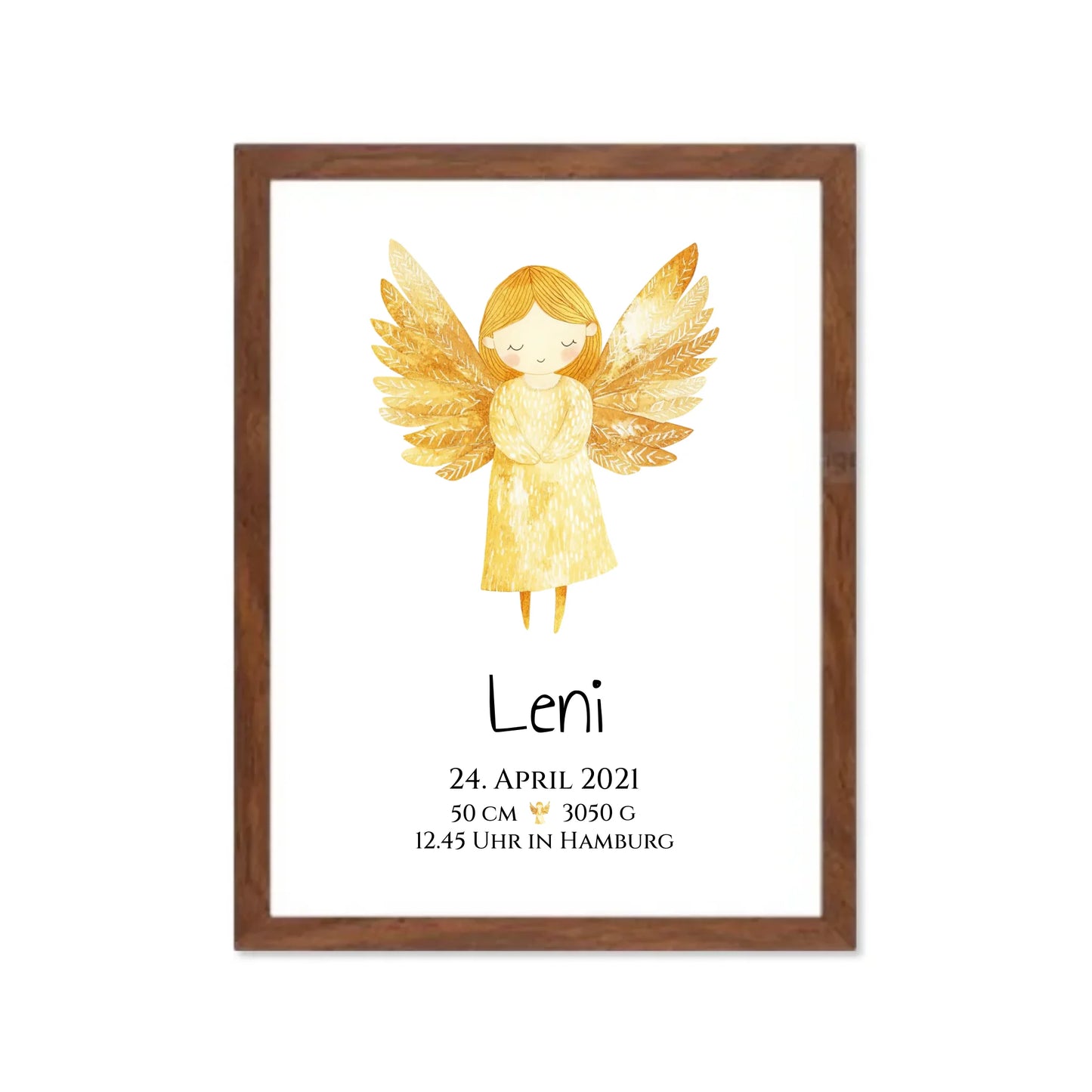 Personalisiertes Babygeschenk zur Geburt & Taufe mit Schutzengel, Geburtdaten oder Taufdaten - Taufgeschenk Geschenkidee Gerahmtes Poster Walnussflair Walnussflair
