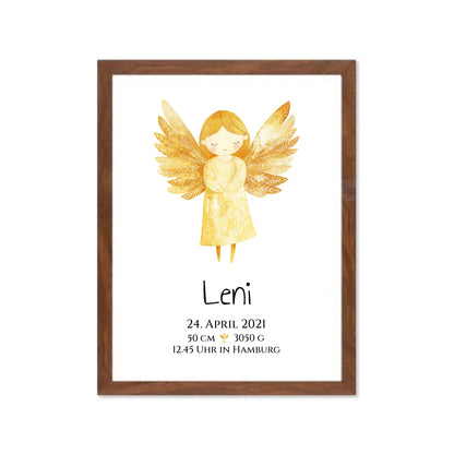 Personalisiertes Babygeschenk zur Geburt & Taufe mit Schutzengel, Geburtdaten oder Taufdaten - Taufgeschenk Geschenkidee Gerahmtes Poster Walnussflair Walnussflair