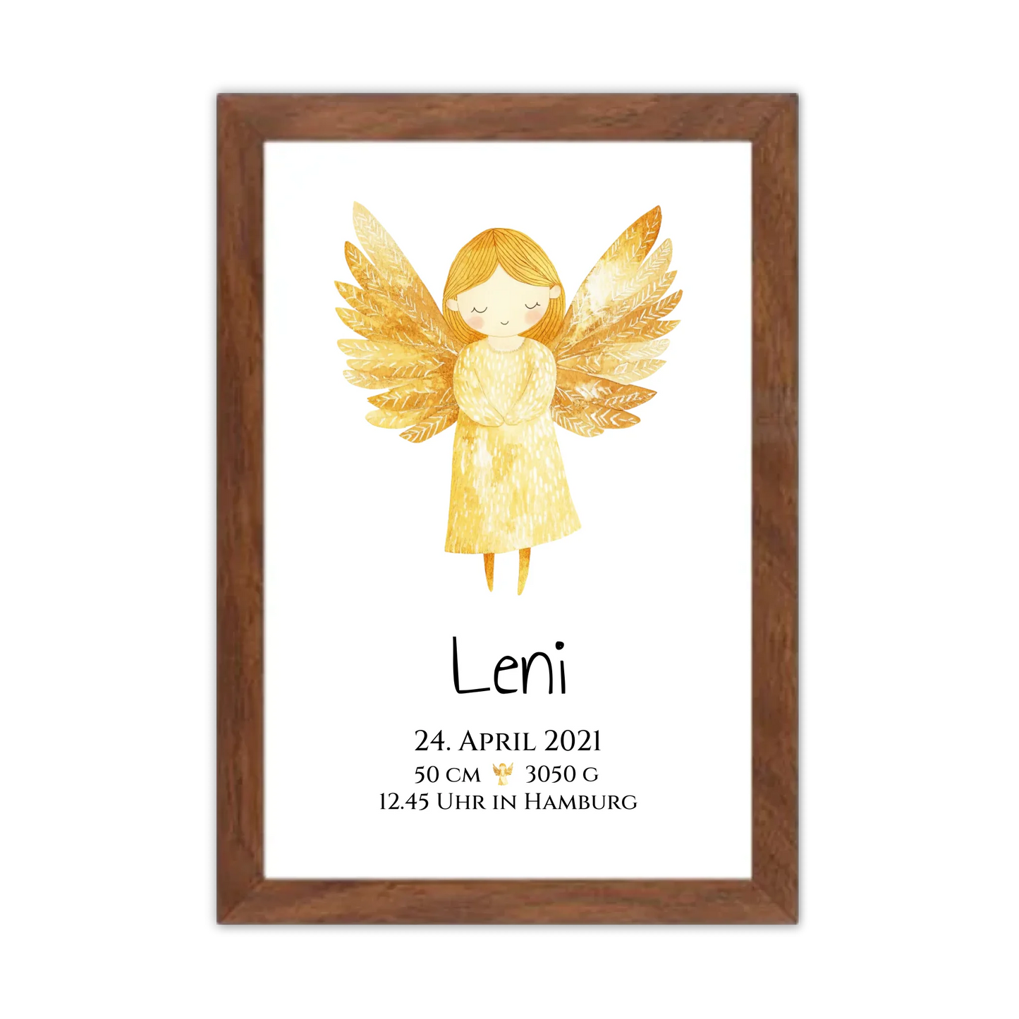 Personalisiertes Babygeschenk zur Geburt & Taufe mit Schutzengel, Geburtdaten oder Taufdaten - Taufgeschenk Geschenkidee Gerahmtes Poster Walnussflair Walnussflair