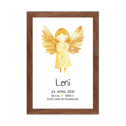 Personalisiertes Babygeschenk zur Geburt & Taufe mit Schutzengel, Geburtdaten oder Taufdaten - Taufgeschenk Geschenkidee Gerahmtes Poster Walnussflair Walnussflair